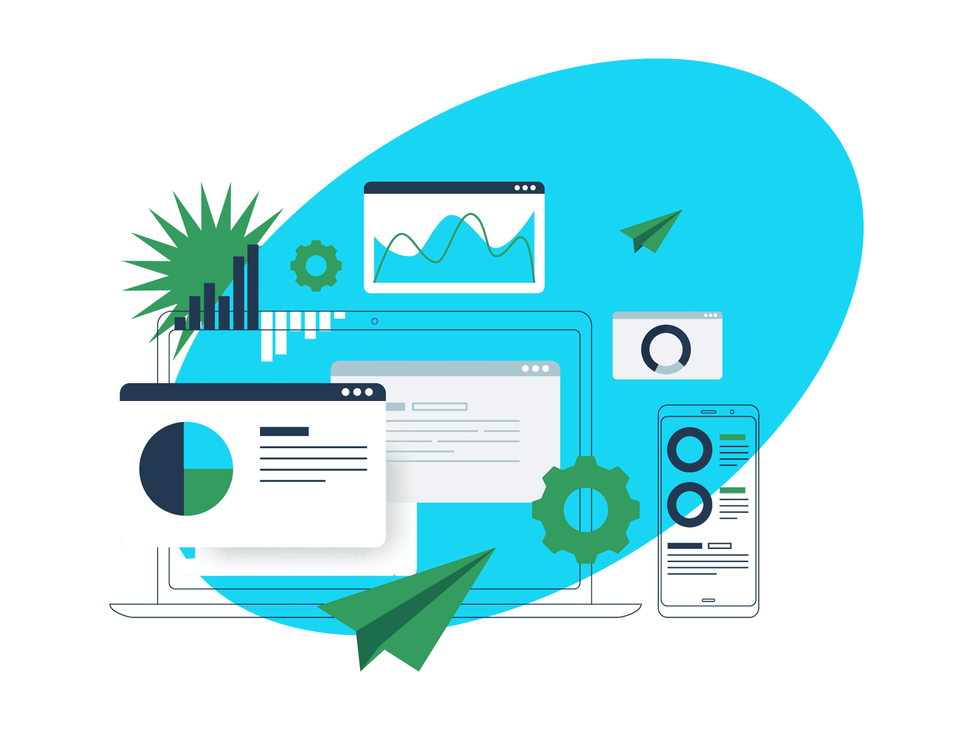 Digital illustration of data analysis and technology icons representing Lexandria's learning platform